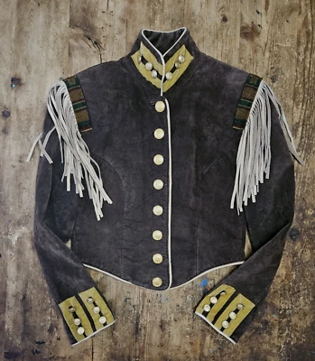 VTG Double D Ranch Wear Beaded Suede Leather Military Western Jacket Fringe XS - Image 1 of 4
