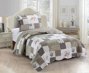 Rose and Grey Toile Patchwork, 2-Piece Quilt Set with 1 Sham, Reversible Beds... - Picture 1 of 8
