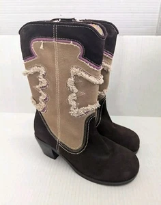 Steve Madden Rodeoo Boots Kids Girls 4.5 Western Learher Canvas Brown Tan - Picture 1 of 9