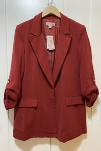 NWT Philosophy Women 3/4 Roll Sleeve Open Front Notch Lapel Blazer Size L Maroon - Picture 1 of 10
