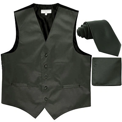 New solid Men's dark gray formal vest Tuxedo Waistcoat_2.5" necktie & hankie  - Image 1 of 4