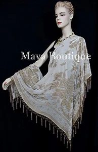 Beige Piano Shawl Scarf Wrap All Beaded Silk Burnout Velvet Maya Matazaro - Picture 1 of 9