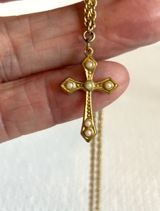 1928 Brand gold tone cross with pearls 16" Rope chain necklace - Picture 1 of 7