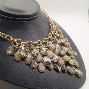 multi-layered Brown green Gray teardrops gold tone bib necklace - Picture 1 of 8