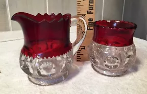 King Crown U S Glass Comp Ruby Red Flash Creamer And Sugar 3" Tall Ruffle Edge - Picture 1 of 12