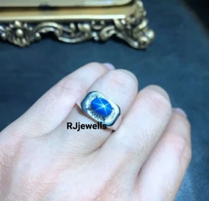 Herren Lindy Star Ring Lab Create 6 Strahlen Stern Saphir Männer Ehering 925 Silber - Bild 1 von 4