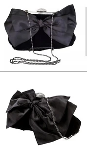 Neiman Marcus Black Velvet / Satin Bow Evening Bag Swarovski Crystal Closure - Picture 1 of 7