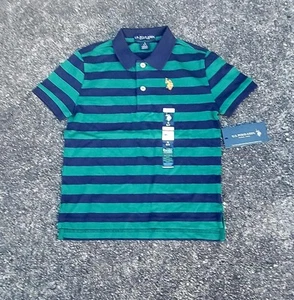 U.S. Polo Assn. Boy Stripe Jersey Polo Shirt 6/7 Camp Green Navy 100% Cotton NEW - Picture 1 of 4
