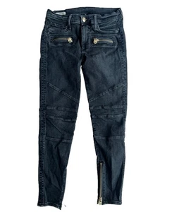 True Religion Halle Mid Rise Super Skinny Moto Jeans Womens 30 Black Gold Logo - Picture 1 of 8