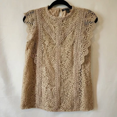 Blusa sin mangas de encaje de manga corta beige tostado marrón cable y calibre talla pequeña cuello alto Foto 1 de 4