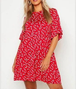 Boohoo Ditsy Short Ruffled Sleeve Flared Crew Neck Red Floral Mini Dress Sz 14 - Picture 1 of 9