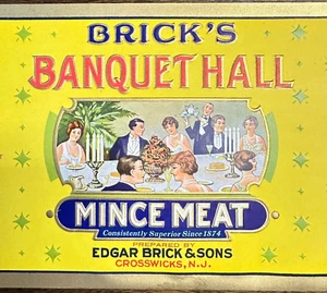 Etiqueta de carne picada Brick's Banquet Hall de la década de 1930 Edgar Brick & Sons Crosswicks NJ - Imagen 1 de 6