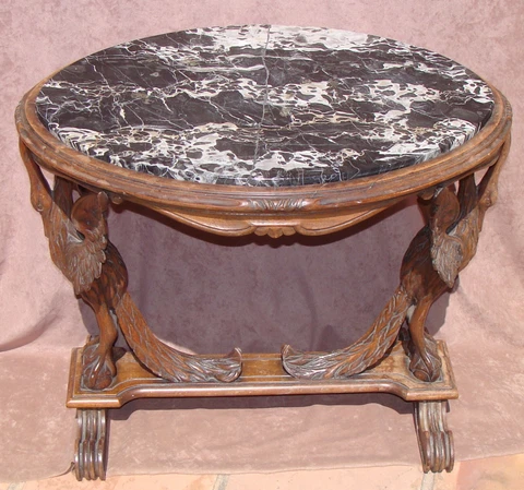 Antique 1920s Art Deco Carved Wooden Table w/ Black Marble Top and Birds Cover