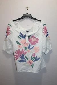 ANN TAYLOR TOP HOMBRO FUERA LINO VISCOSA BORDADO FLORAL BLANCO MLT TALLA XL - Imagen 1 de 6