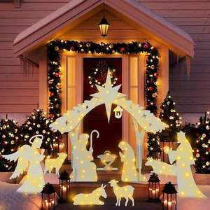 Outdoor White Nativity Scene with 2 String Lights Silhouette Yard Sign Display W - Picture 1 of 6
