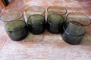 Set 4 ~ Vtg? Art Glass Dark Green, Olive Old Fashioned, Low Ball Glass Tumblers - Picture 1 of 8