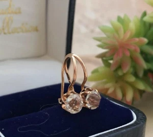 Vintage USSR Pair Stud Earrings ROSE Gold 585 14K Jewelry Rock Crystal Women's 2 - Picture 1 of 7
