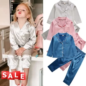 Boys Girls Silk Pyjamas Sets Nightwear Tops Pants Pjs Satin Sleepwear Outfits - Picture 1 of 31