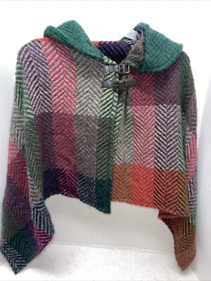 John Branigan Weavers Cape Poncho Women OS Rainbow Plaid Wool Ireland Buckles - Image 1 of 4