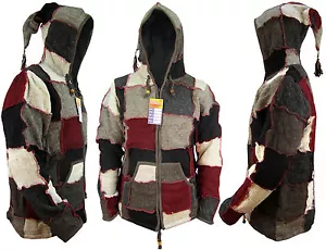 Hippie Boho Sheepwool Long Elfe Sorcier Capuche Patchwork Lutin Veste Festival - Bild 1 von 5