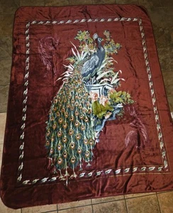 Vintage Novatex Pfau 86" x 67" bunt weinrot Fleecedecke (siehe Bilder) - Bild 1 von 5