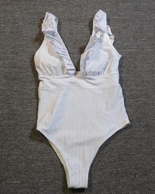 Traje de baño H&M para mujer mediano azul blanco a rayas con volantes traje de baño de una pieza Foto 1 de 4