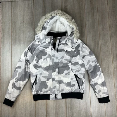 Chaqueta de bombardero Y2K Hollister para mujer L parka de piel camuflada *defectos Foto 1 de 4