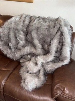 WEST ELM  Faux Fur Throw Blanket Gray shades soft  Luxurious 47x60" EUC - Image 1 of 4