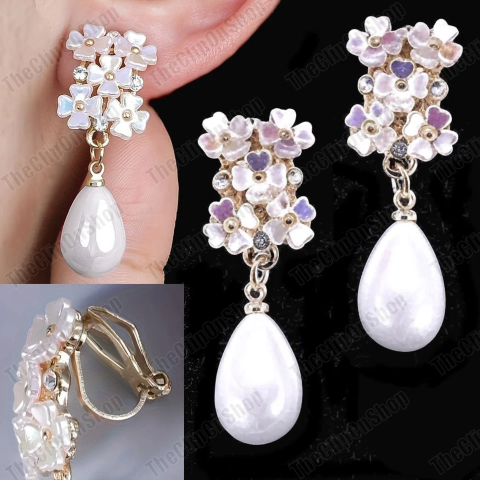CLIP ON 3.5cm RETRO FLOWER big faux pearl drop EARRINGS gold tone VTG STYLE - Image 1 of 4