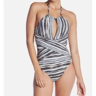 La Blanca Sz 4 Swimsuit Bamboo Striped HighNeck Cutout Halter One piece New NWT - Imagem 1 de 4