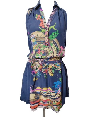Anthropologie Womens 4 Dress 100% Silk Blue Print Leifnotes Mini Sleeveless  - Image 1 of 4