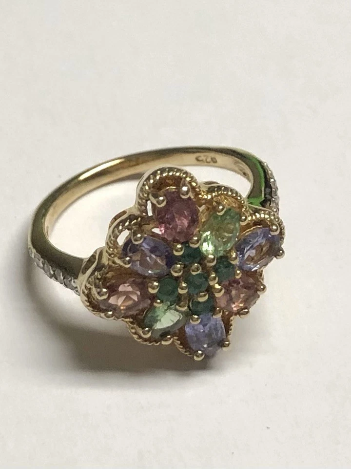 Anillo mezcla de zafiros y diamantes - Placa de oro de plata de ley 925 | Gemas naturales Foto 1 de 4