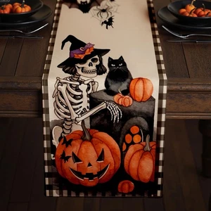 Corredor de mesa de Halloween con esqueletos espeluznantes, gatos negros y calabazas, mesa de... - Imagen 1 de 7