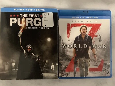 Horror Blu-Ray/DVD Combo Lot: World War Z/ The First Purge, Brad Pitt, 2013/2018 - Image 1 of 4