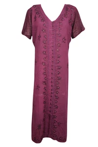 Womens Dark Pink MAXI Dress Embroidered Button Down Loose Resort Wear Dresses L