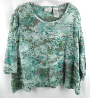 White Stag Womens 2X 18W Floral Print Green 3/4 Sleeve Sequin Bead Accent Top - Image 1 of 4