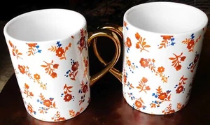 2 Martha Stewart Collection Coffee Mug Cups Floral Flowers Brass Colored Handles - Picture 1 of 5