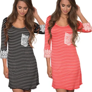 Women's Casual Long Sleeve Summer Knee Length Stripe Sun Dresses with Pockets US - Picture 1 of 29