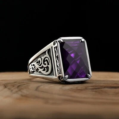 Solid 925 Sterling Silver Turkish Handmade Jewelry Amethyst Men's Ring - Image 1 of 4