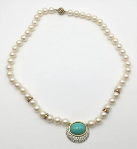 Damen 14K Gelbgold Diamant Türkis & Perle Halskette Nachlass Stück - Bild 1 von 5