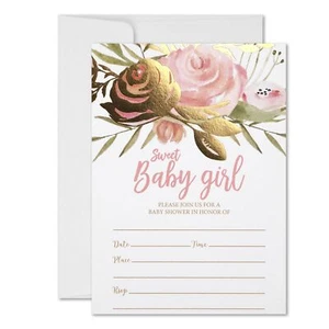 50 Baby Shower Invitations, Real Gold Foil Pink Blush Sweet Baby Girl Shower ... - Picture 1 of 6