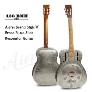 Aiersi Satin Chrome Finish F Hole Sandblasted Palm Tree Resonator Guitar - Picture 1 of 4