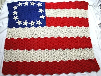 Betsy Ross American Flag Afghan Throw Blanket Colonial Hand Knit Crochet 54x49 - Image 1 of 4