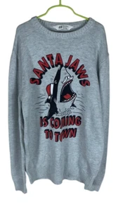 Boys H&M Gray Santa Jaws Graphic Long Sleeve Crew Neck Sweater Size 14 Holiday - Picture 1 of 4