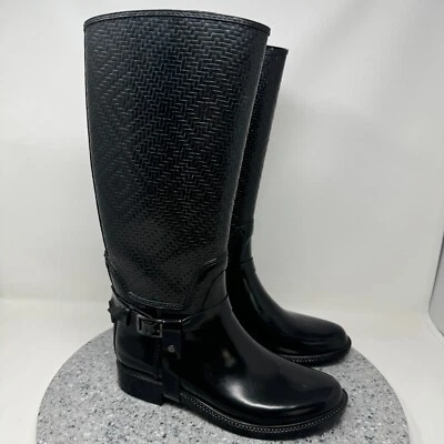 Ted Baker дождя ботинки женщин 7 черный высокий колена высоты езды загрузки напечатано натяжной - Изображение 1 из 4