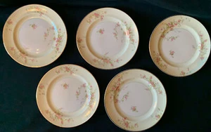Pope Gosser Florence Pink Rose China 7 3/8” Bread plates gold rim Set of 5 - Picture 1 of 7