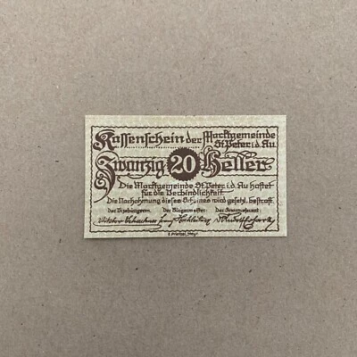 Tiny Banknote, Austria, St Peter, 20 Heller, village, 1921, EF Mehl:F - Image 1 of 3