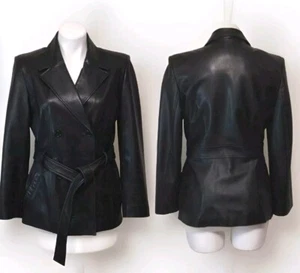 Vintage Gallery Women's Gothic Double Breasted Black Belted Leather Jacket PM - Picture 1 of 14
