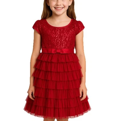 Vestido de fiesta Jona Michelle rojo lentejuelas tul en capas niñas 10 vacaciones Navidad Foto 1 de 4