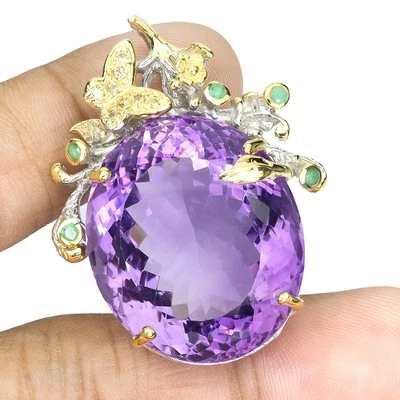 925 Sterling Silber Anhänger Oval Amethyst 67ct Smaragd Handgemacht Schmuck - Bild 1 von 4